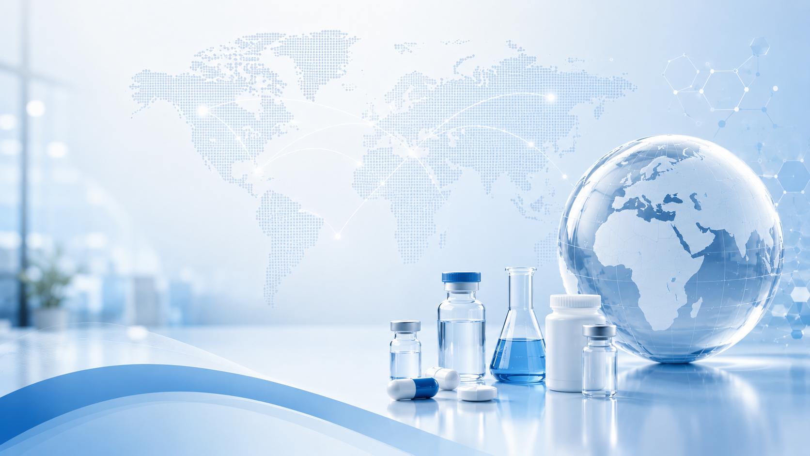 Global pharmaceutical solutions — vials, laboratory glassware and world map